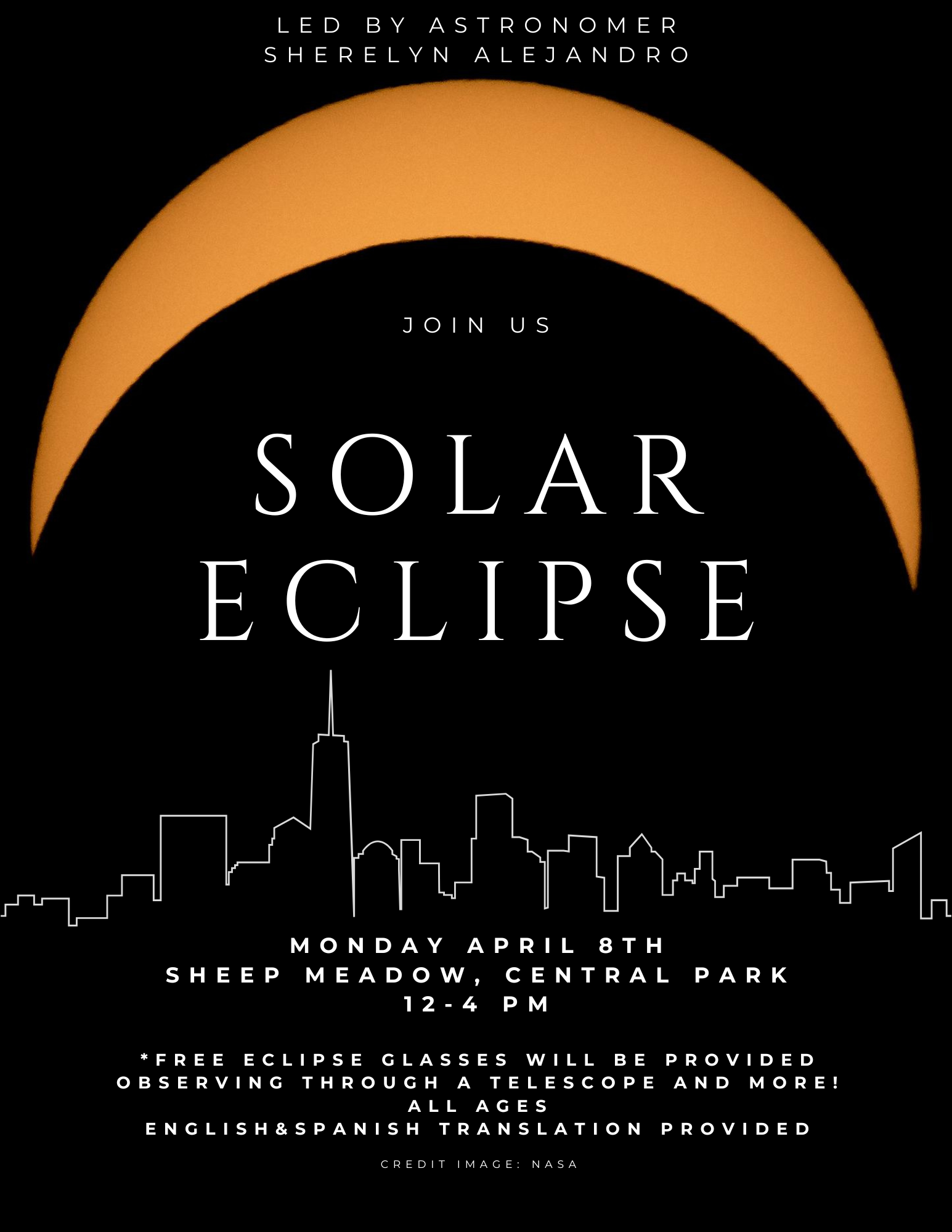 An invitation to Sherelyn's Solar Eclipse party in Sheep's Meadow, Central Park, 12–4pm on Monday, April 8th